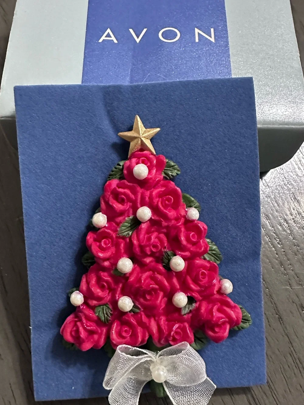 Avon Vintage Red Rose Tree Brooch with Gold Star and White Bow